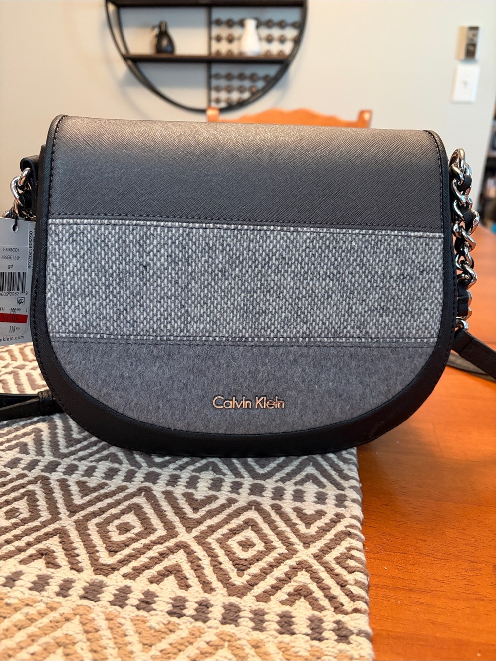 NWT! Calvin Klein Gray and Black Textured Crossbody Saddle Bag